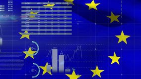 Overlaying European Union stars, map of Europe with data charts and animation. analytics, statistics, visualization, finance, economy - Powered by Shutterstock - Get 15% off with code: PIKWIZARD15