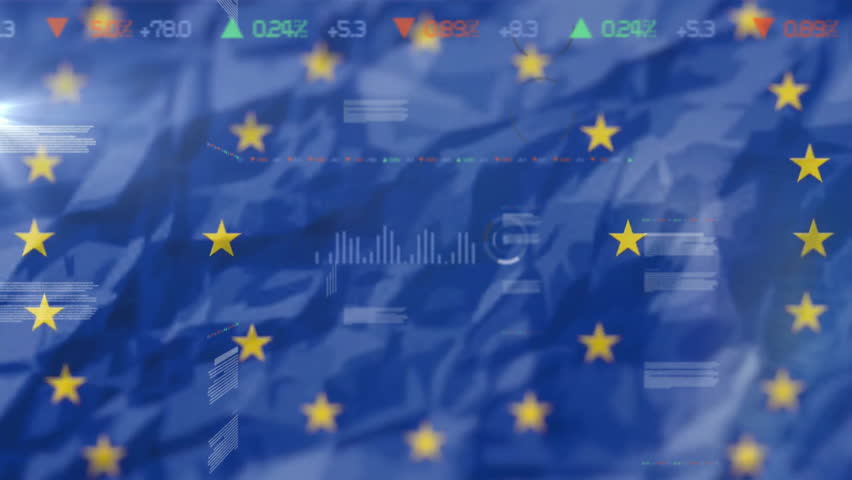 Animation of European Union flag with abstract data processing graphics overlay. digital, technology, innovation, analytics, network - Powered by Shutterstock - Get 15% off with code: PIKWIZARD15