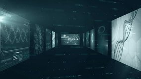 Digital screens showing DNA strand animation and scientific data in futuristic lab. Biotechnology, genetics, innovation, laboratory, research, science - Powered by Shutterstock - Get 15% off with code: PIKWIZARD15