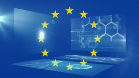 DNA animation on digital screens with European Union flag in school setting. Biotechnology, genetics, research, education, science, innovation - Powered by Shutterstock - Get 15% off with code: PIKWIZARD15
