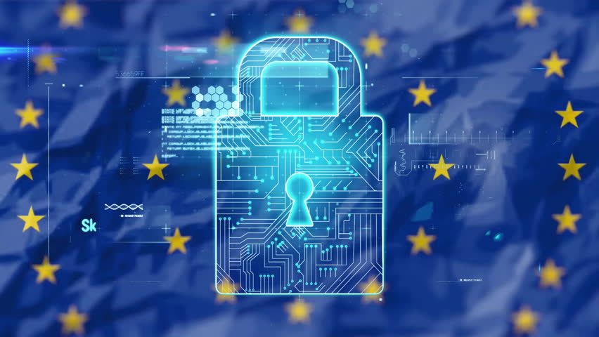 Digital lock and data processing animation over European Union flag background. Technology, security, cyber, encryption, protection, network - Powered by Shutterstock - Get 15% off with code: PIKWIZARD15