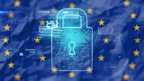 Digital lock and data processing animation over European Union flag background. Technology, security, cyber, encryption, protection, network - Powered by Shutterstock - Get 15% off with code: PIKWIZARD15