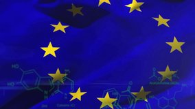 Holding globe with flags, hand shows animation of EU stars and chemical formulas. Globalization, international, chemistry, Europe, science, collaboration - Powered by Shutterstock - Get 15% off with code: PIKWIZARD15