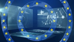 Digital map of Europe with scientific data overlay, European Union stars encircling. Cartography, data visualization, geopolitics, analytics, research, geography - Powered by Shutterstock - Get 15% off with code: PIKWIZARD15