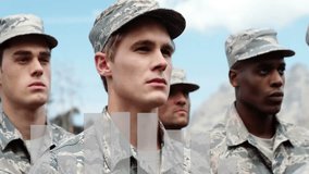Military personnel in uniform with bar graph animation overlaying scene. Defense, soldiers, data, analytics, strategy, leadership - Powered by Shutterstock - Get 15% off with code: PIKWIZARD15