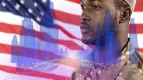 With digital cityscape and American flag, African American soldier standing proudly. Military, patriotism, veteran, urban, pride, honor - Powered by Shutterstock - Get 15% off with code: PIKWIZARD15