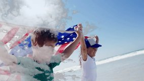 Holding American flags, people standing on beach with ocean waves animation. Patriotism, celebration, summer, vacation, freedom, unity - Powered by Shutterstock - Get 15% off with code: PIKWIZARD15