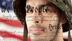 In school, animation of soldier in camouflage helmet with U.S. Constitution text. Military, patriotism, army, defense, government, protection - Powered by Shutterstock - Get 15% off with code: PIKWIZARD15