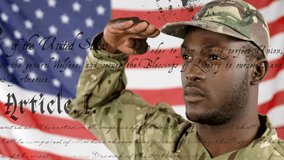 Saluting, soldier with United States flag and Constitution animation in background. Military, patriotism, independence, armed forces, American, duty - Powered by Shutterstock - Get 15% off with code: PIKWIZARD15