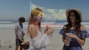 Beach barbecue with Ecuador flag overlay, people grilling and socializing together. summer, coastal, vacation, culture, outdoors, celebration - Powered by Shutterstock - Get 15% off with code: PIKWIZARD15
