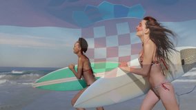 Running on beach, two women carrying surfboards with Croatian flag animation. Surfing, ocean, lifestyle, summer, active, recreation - Powered by Shutterstock - Get 15% off with code: PIKWIZARD15