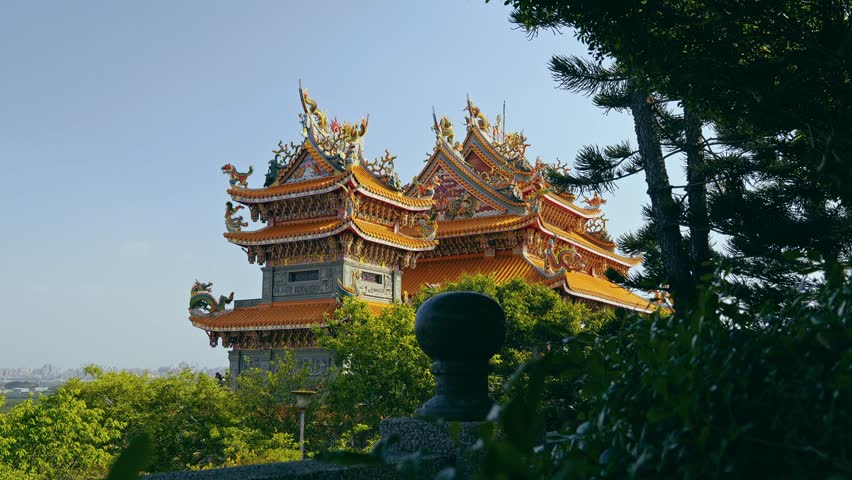 Slow video, Chinese temple in Taiwan, beautiful temple, located on a mountain surrounded by the sea, city Chinese religion, respect worship, adore
