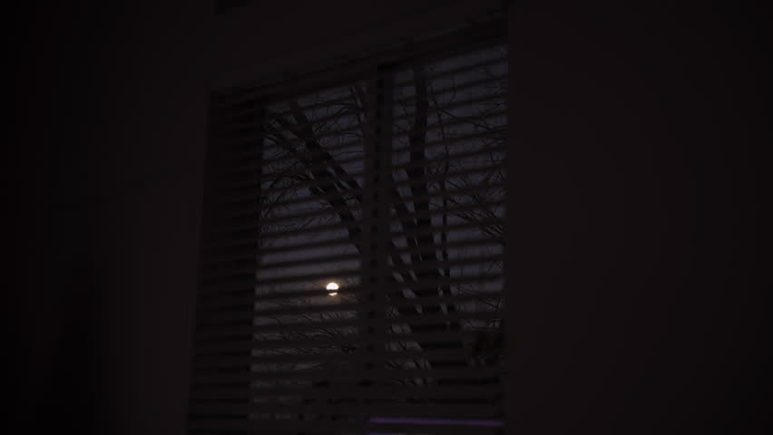 View from the house inside at full moon through window with blinds. Close up shot