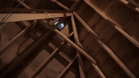 Unfinished attic ceiling with visible wooden framework and a glowing lightbulb. - Powered by Shutterstock - Get 15% off with code: PIKWIZARD15