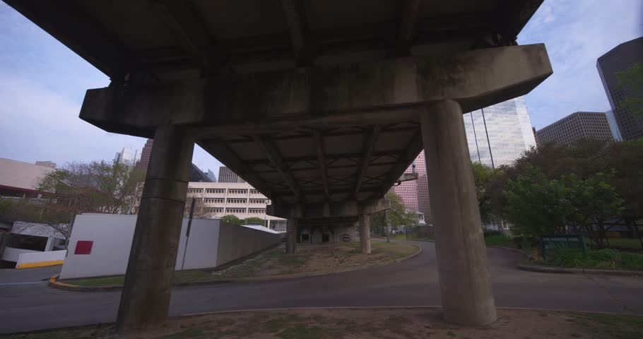 Establishing Shot of Downtown Houston with Park Landscape