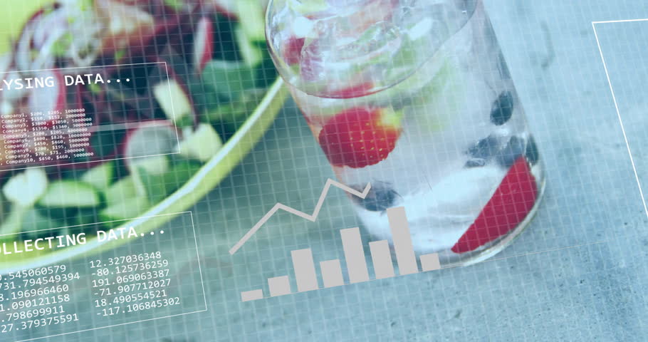 Salad and drink with data graphs and binary code overlay animation. Technology, analytics, future, innovation, nutrition, digital