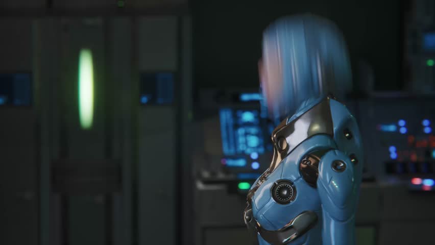 Futuristic female android interacting inside a high-tech control center. Perfect for sci-fi, artificial intelligence, and cyberpunk themed projects. - Powered by Shutterstock - Get 15% off with code: PIKWIZARD15
