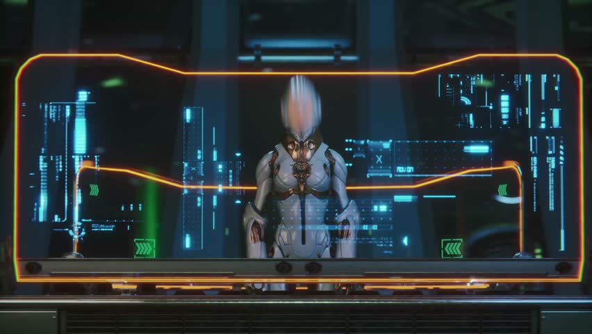 Futuristic female android interacting inside a high-tech control center. Perfect for sci-fi, artificial intelligence, and cyberpunk themed projects. - Powered by Shutterstock - Get 15% off with code: PIKWIZARD15