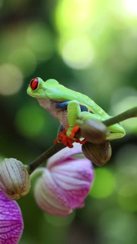 Vibrant close-up of a Red-Eyed Tree Frog (Agalychnis callidryas) in its natural habitat in Costa Rica. Known for its striking red eyes, bright green body, and blue-and-yellow sides.