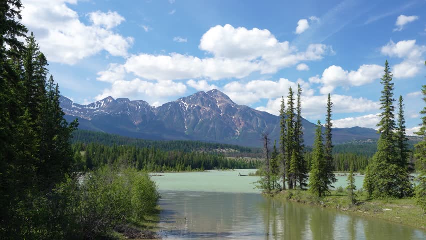 Pyramid Mountain Reflections on Athabasca River, Jasper National Park, Alberta, Canada