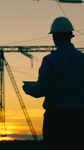Electrician engineer works outdoors with digital tablet. Power engineer in protective helmet checks power line using computer on tablet, remote control of power system. Power engineer electrical lines