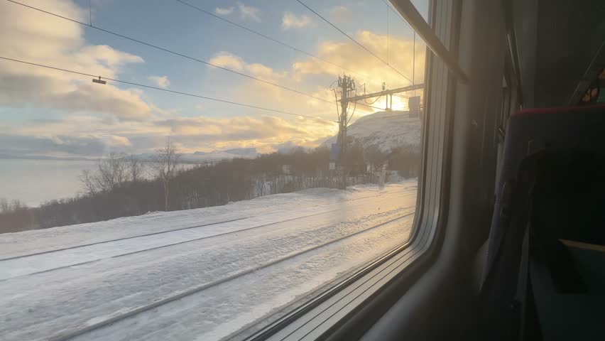 Frozen railway tracks iced railroad in arctic cold region Lapland area of Scandinavia