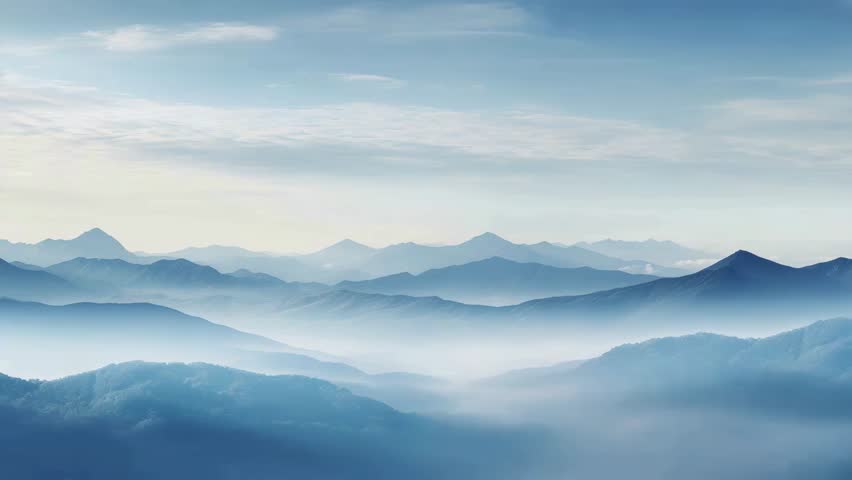 A 4K timelapse video loop capturing soft white stratus clouds  rolling like mist across the valleys beneath a pale blue mountains under a blue sky.
