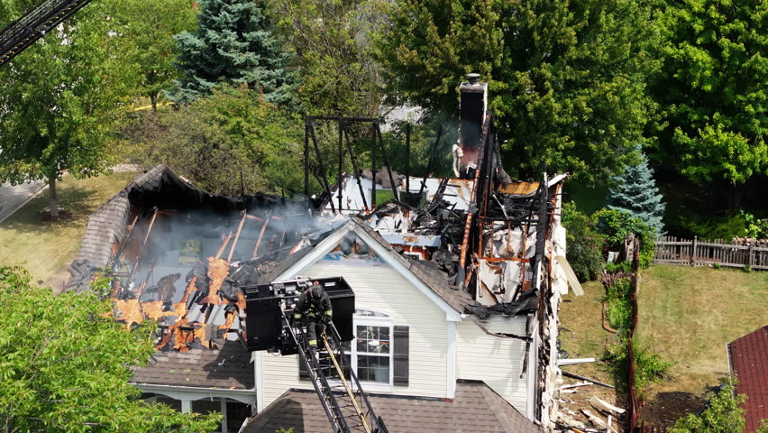 Burned damaged house after the fire and firemen putting water on fire. Top down drone shot footage