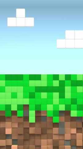 Video game geometric mosaic waves pattern. Construction of hills landscape using brown and green grass blocks, blue sky and clouds. Pixel background. 3d animation loop