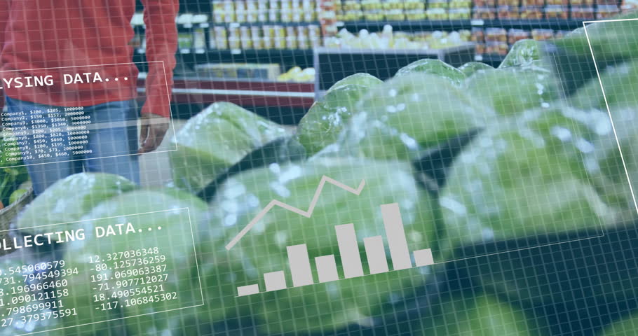 In grocery store, person analyzing data overlay while shopping for lettuce. analytics, supermarket, technology, vegetables, produce, groceries