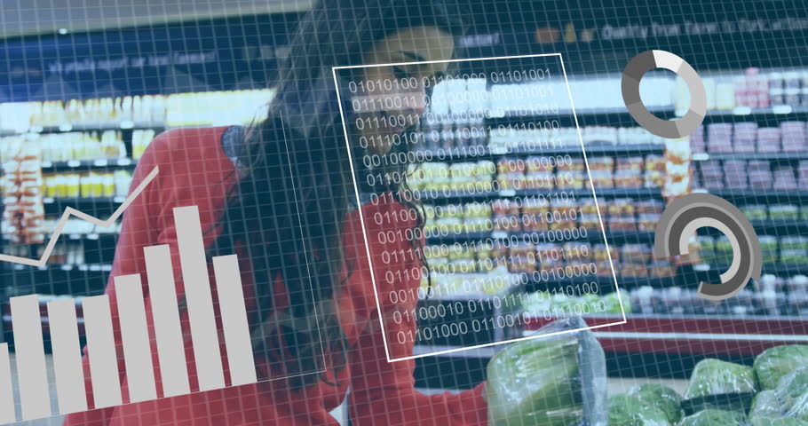 In grocery store, person analyzing data overlay while shopping for lettuce. analytics, supermarket, technology, vegetables, produce, groceries