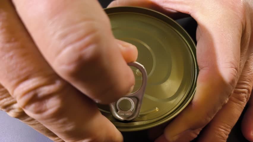 Opening canned sardines , in door Chiangmai Thailand.