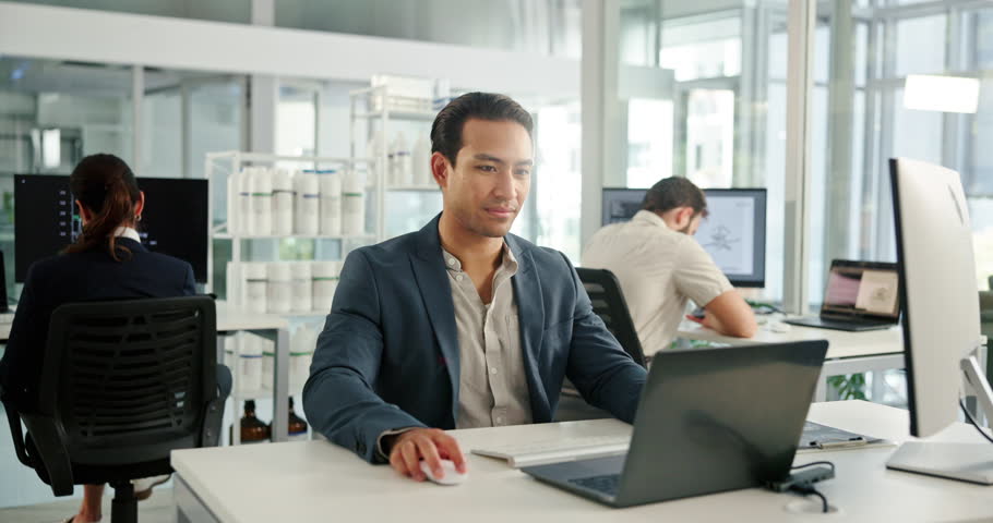 Business people, laptop and man in office, medicine sellers and sales consultant with internet. Pharmaceutical supplier, representative for antibiotics or employee with pc or email for online order