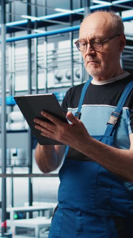 Vertical video Industrial plant senior engineer implements industry 4.0 automated workflows and control systems, computerizing operations. Elderly specialist integrates sensors into production, camera