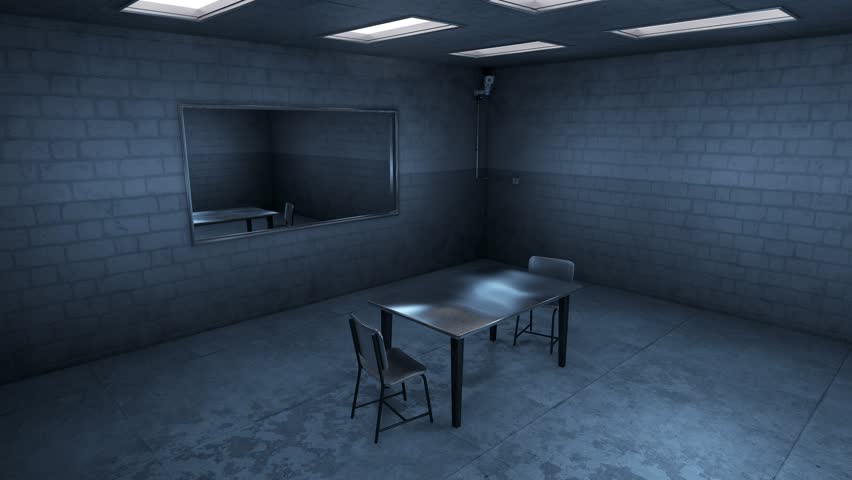 Empty interrogation room. Lights turning on at investigation room with surveillance camera recording. 3d rendering. Seamless loop.