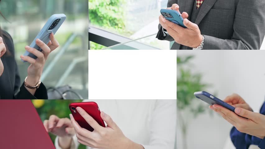 Collage video of people using smartphones, transition from white background