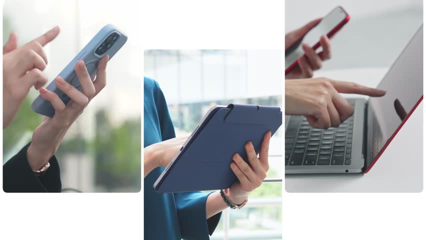 Collage video showing various digital device usage scenes, transition from white background