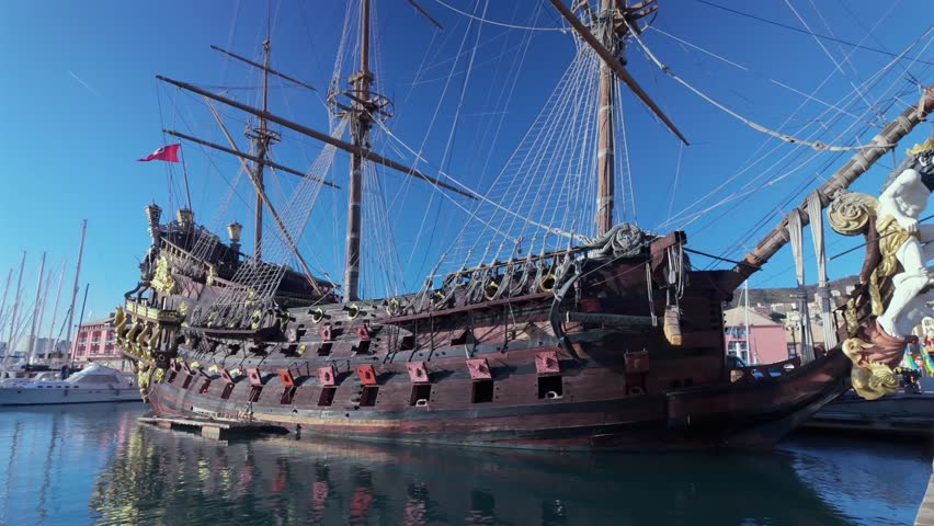 A striking replica of a historic pirate ship docked in the Old Port of Genoa, Italy. The wooden vessel features intricate details, cannons, and golden ornaments, set against a clear blue sky.