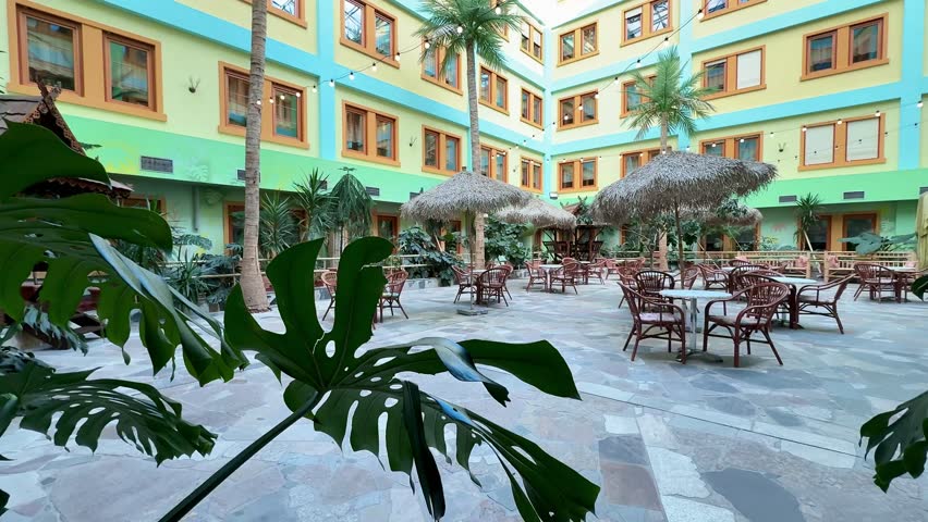 A lively courtyard featuring lush greenery, comfortable seating, and cheerful colors for relaxation.