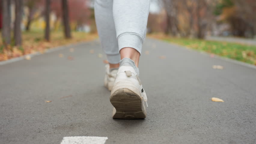 Close leg view of people walking to meet each other along park pathway surrounded by autumn trees with scattered leaves as breeze gently moves branches and serene outdoor setting