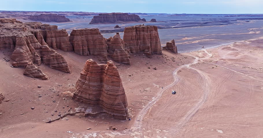 Desolate yardang landscape with sandstone formation in xinjiang. Famous Dahaidao no man's land natural landscape in China.