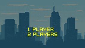 Animated Start New Game screen with player selection on cityscape background. Retro arcade style menu looping animation. Modern city silhouette against blue sky. 8-bit game GUI. - Powered by Shutterstock - Get 15% off with code: PIKWIZARD15