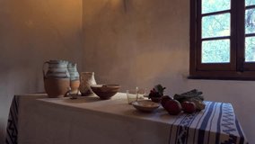 A close-up view of a historic kitchen table in the House of Columbus, featuring ceramic jugs, wooden bowls, and fresh produce. Natural light from the window enhances the rustic atmosphere. - Powered by Shutterstock - Get 15% off with code: PIKWIZARD15