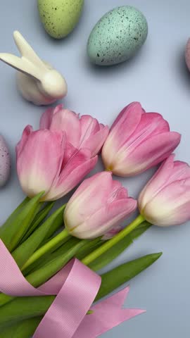 Easter eggs and tulips, creating a festive spring atmosphere