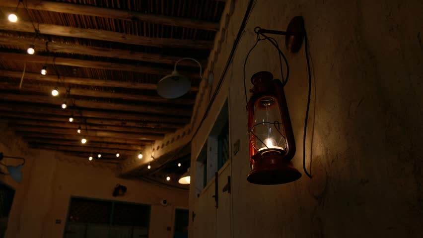 antique lantern in dubai Al Seef is place for walking, food. historical district with traditional Arabic architecture. old buildings and traditional Arabian street.