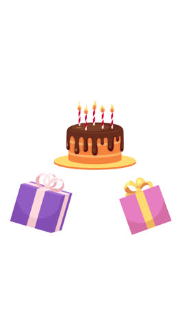 Lit candles birthday cake with gift boxes 2D vertical animation. Presents, party food. Candlelight bday chocolate dessert with giftboxes animated cartoon flat 4K video isolated on white