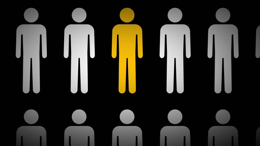 A group of people in grayscale with one highlighted, symbolizing focus on an individual, selection, uniqueness, or demographic analysis in society