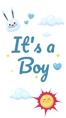 Its a baby boy cute announcement 2D card vertical animation. Adorable blue bunny face, hearts clouds, newborn greeting animated ecard cartoon flat concept 4K video isolated on white with text