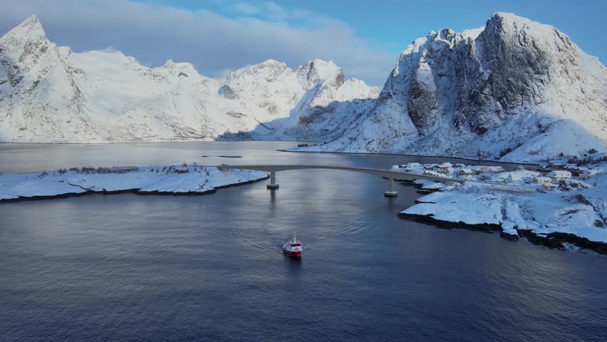 Red Fishing Boat Embarks on Cod-Catching Journey Hamnøy Island, Lofoten, Norway.