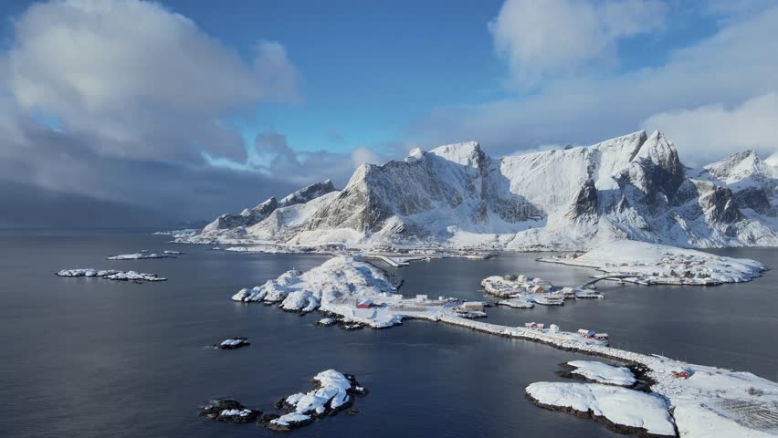 Aerial view of Sakrisøy and Reinebringen in winter, Lofoten, Norway